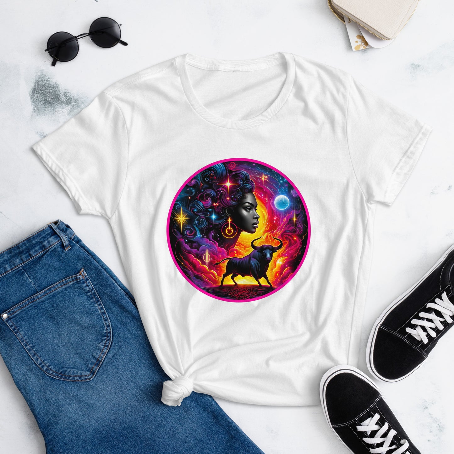 An enchanting Taurus Zodiac Wonders design on a T-shirt, highlighting a powerful Black woman, celestial bodies, and a mythological bull amidst a vibrant cosmic backdrop.