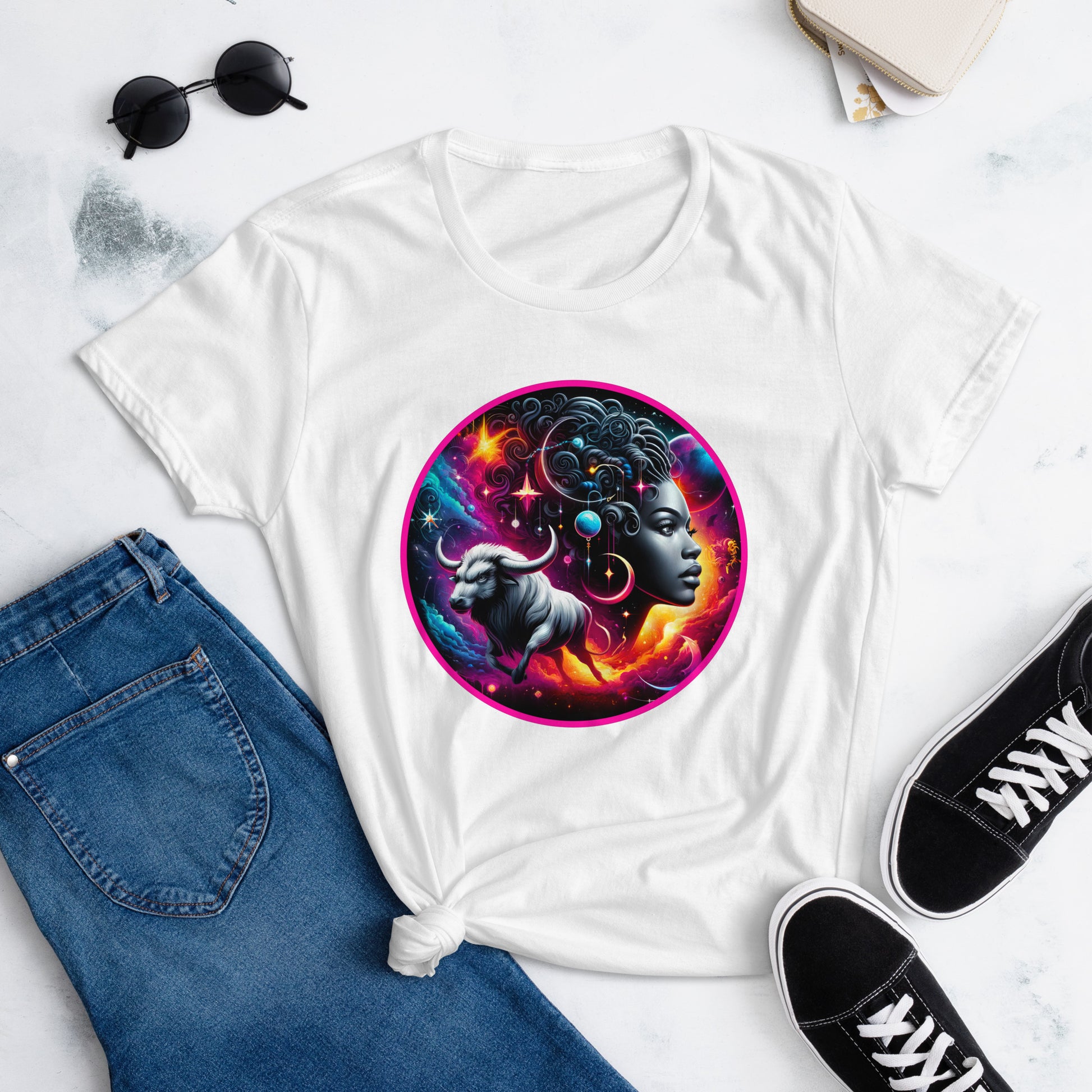 An enchanting Taurus Zodiac Wonders design on a T-shirt, highlighting a powerful Black woman, celestial bodies, and a mythological bull amidst a vibrant cosmic backdrop.