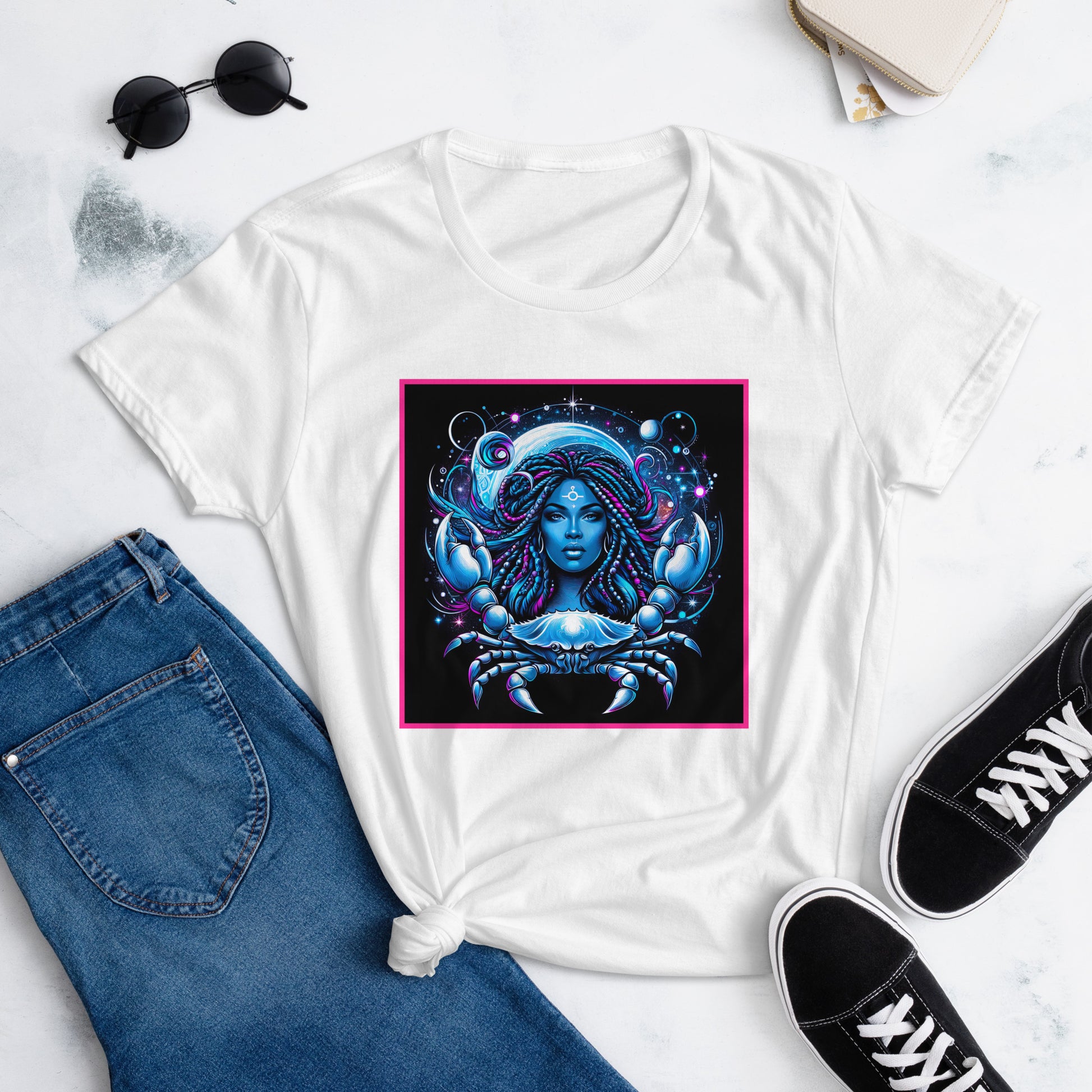 Illustration of a powerful Black woman with flowing dreadlocks, surrounded by a mystical Cancer zodiac crab and celestial elements, symbolizing strength and astrological magic.