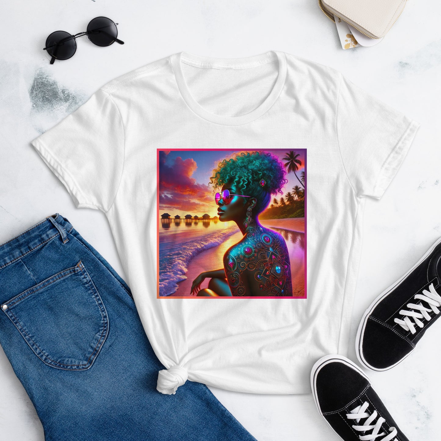 A vibrant, artistic t-shirt design featuring a strong Black woman with colorful curly hair, wearing reflective sunglasses, sitting on a beach at sunset. The background includes palm trees, beach huts, and a stunning gradient sky, showcasing empowerment, beauty, and confidence.