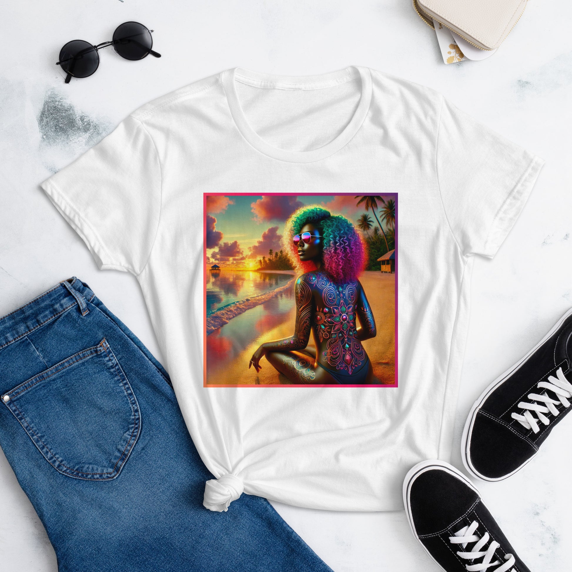 A vibrant, artistic t-shirt design featuring a strong Black woman with colorful curly hair, wearing reflective sunglasses, sitting on a beach at sunset. The background includes palm trees, beach huts, and a stunning gradient sky, showcasing empowerment, beauty, and confidence.