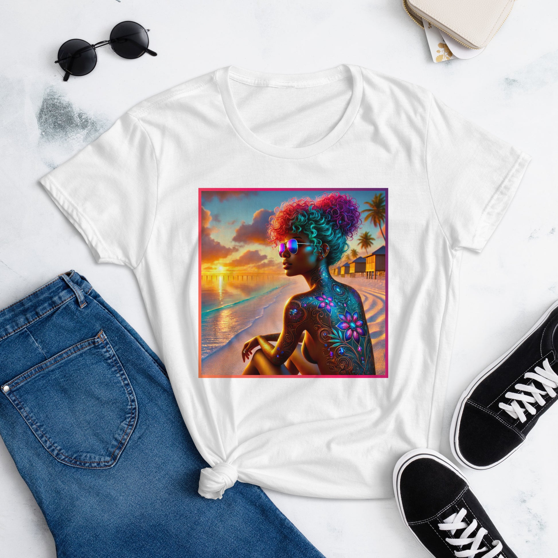 A vibrant, artistic t-shirt design featuring a strong Black woman with colorful curly hair, wearing reflective sunglasses, sitting on a beach at sunset. The background includes palm trees, beach huts, and a stunning gradient sky, showcasing empowerment, beauty, and confidence.