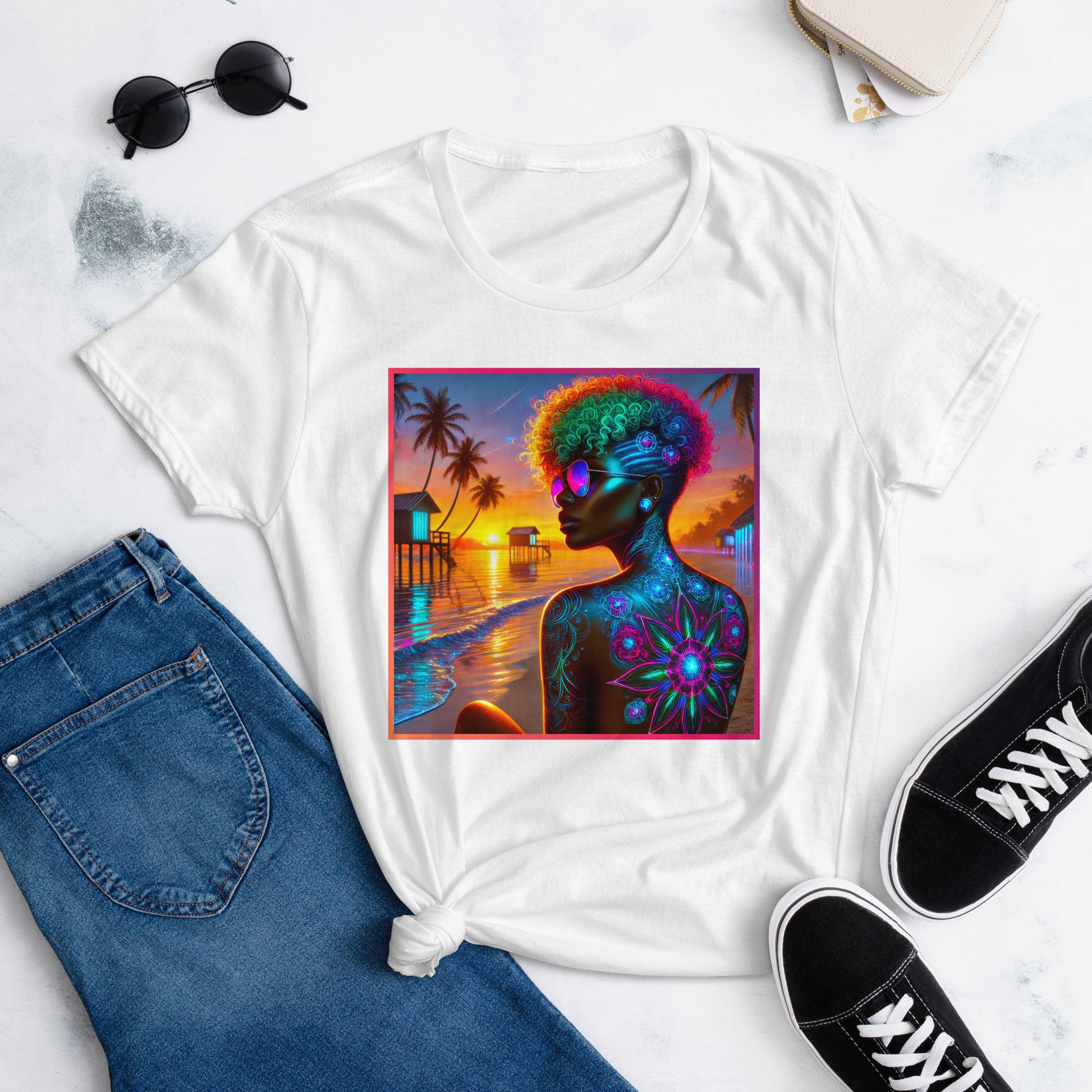 A vibrant, artistic t-shirt design featuring a strong Black woman with colorful curly hair, wearing reflective sunglasses, sitting on a beach at sunset. The background includes palm trees, beach huts, and a stunning gradient sky, showcasing empowerment, beauty, and confidence.