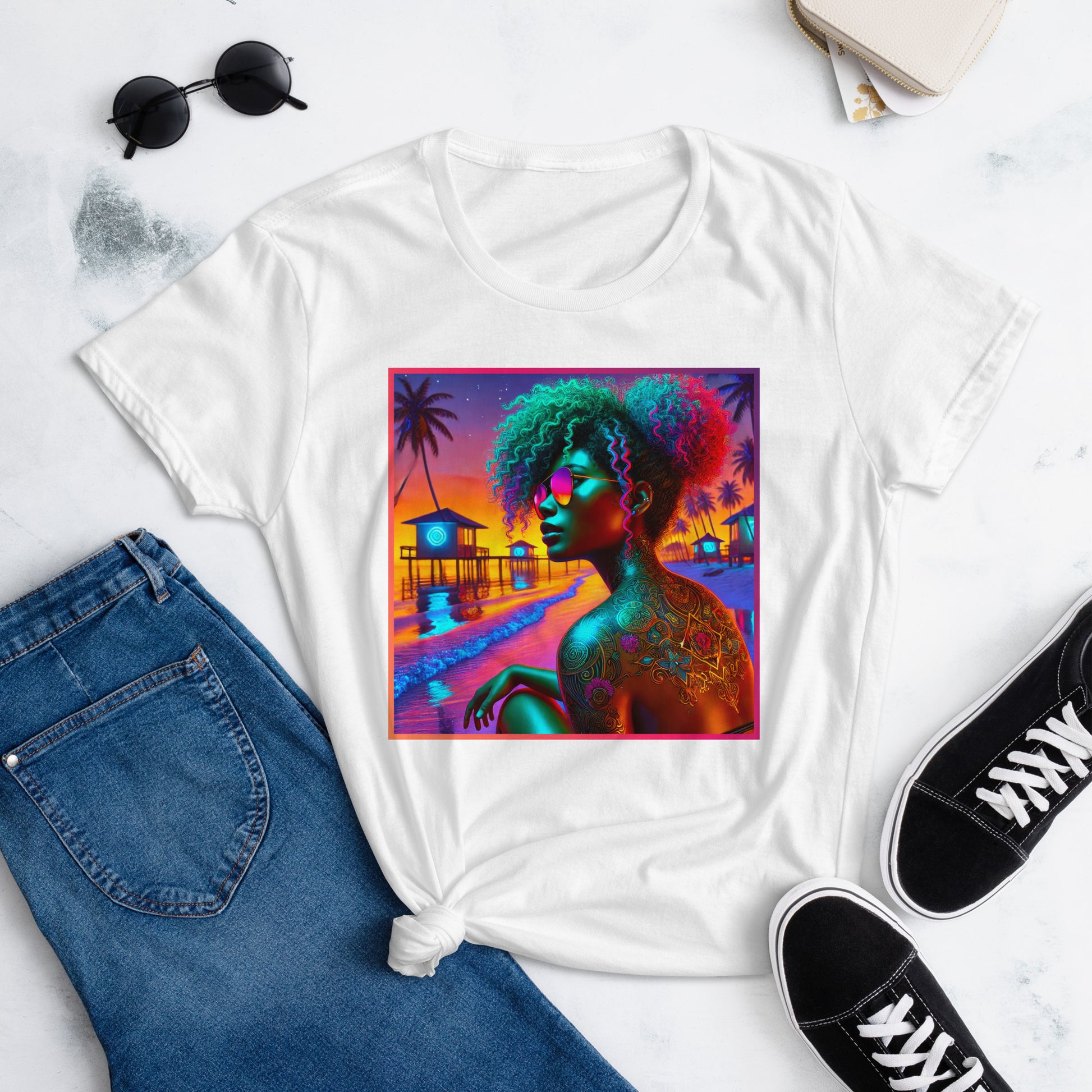 A vibrant, artistic t-shirt design featuring a strong Black woman with colorful curly hair, wearing reflective sunglasses, sitting on a beach at sunset. The background includes palm trees, beach huts, and a stunning gradient sky, showcasing empowerment, beauty, and confidence.