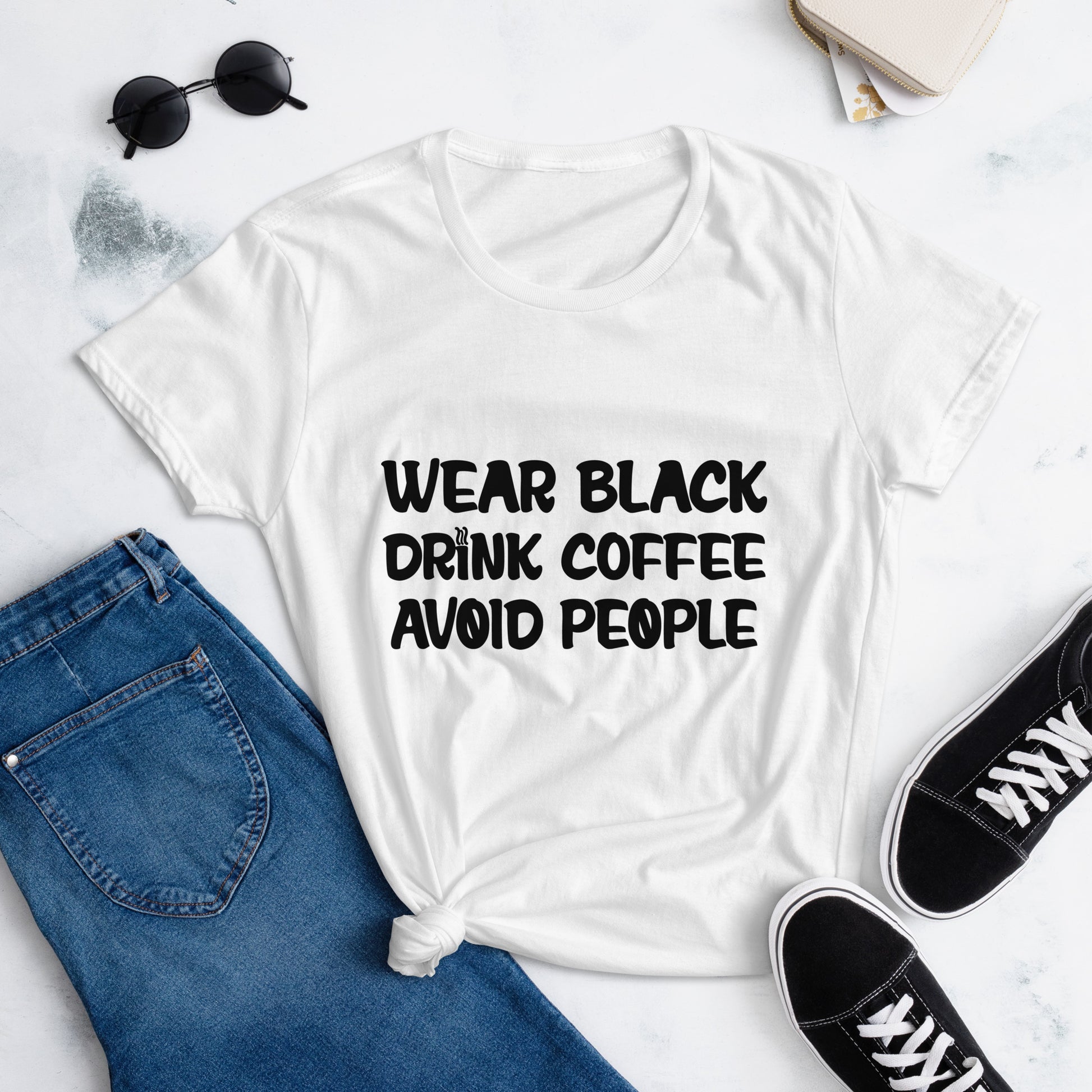 Black t-shirt with bold white text that reads 'Black, Coffee, People' designed for coffee lovers and introverts. The shirt features a minimalist design, emphasizing a love for coffee and quiet moments, perfect for casual wear.